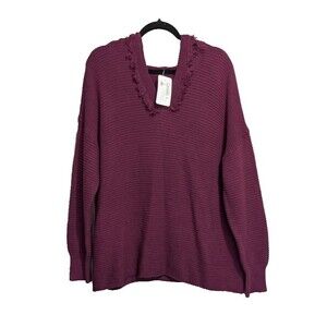 Hooded Pullover Ribbed Sweater Fringe Trimmed V-Neck Hoodie Cotton Blend Tunic